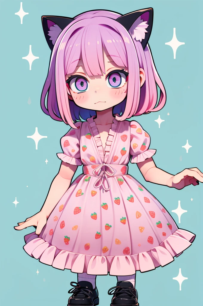 1 girl, chibi, tiny, toddler, pink hair, purple hairclips, cat ears, light skin, blue eyes, sparkle in eyes, purple pacifier, wearing light blue strawberry pattern dress, black flat shoes, white ruffle socks, colorful bead bracelets, happy expression