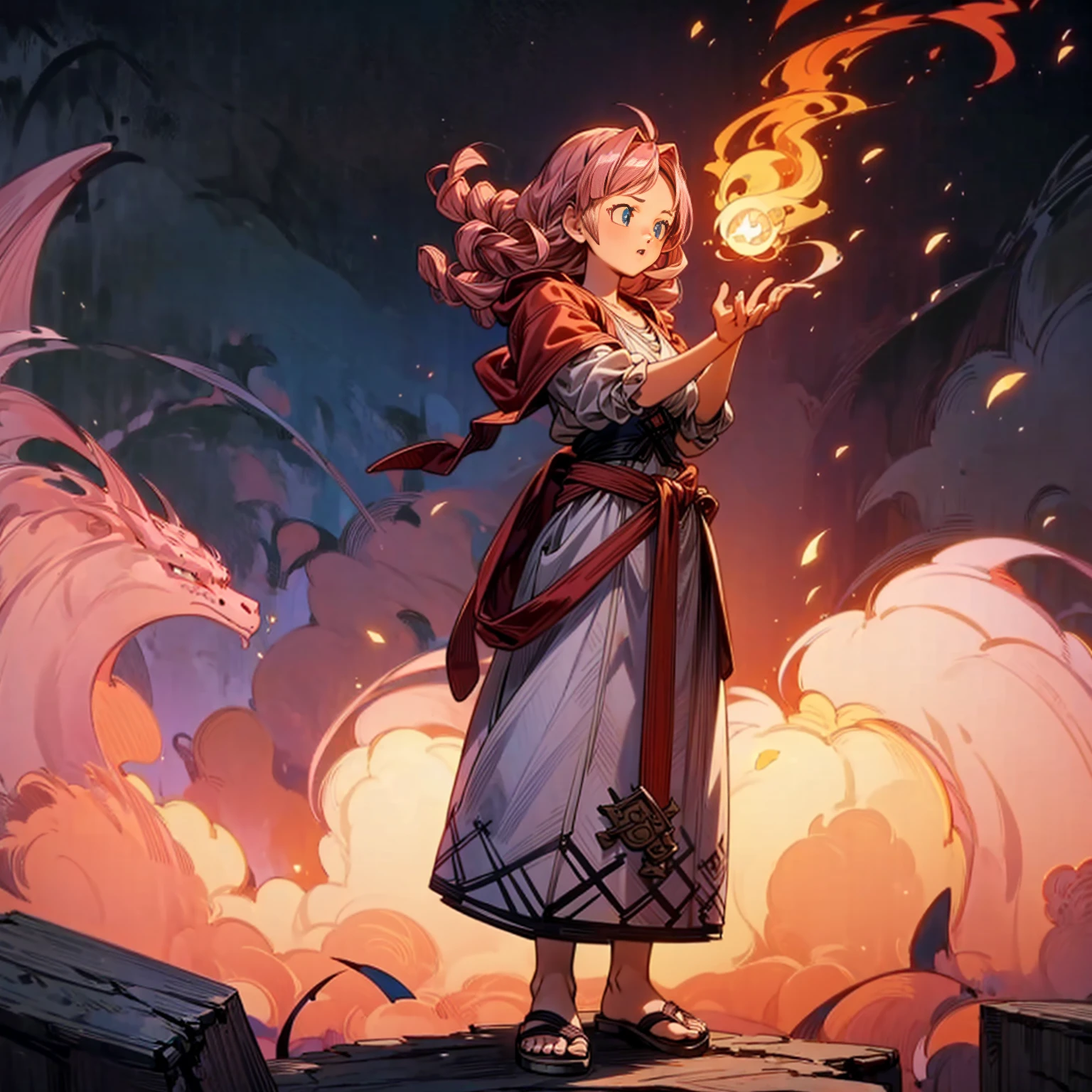 1girl, Full body version, 1character, blue eyes, long Curly haircut, pink colour hair, Ancient Roman clothing, red colour clothing, sandals, Grassroots, background in field town, motion blur, standing gesture, fire burning in hand, (dragon ball style art)