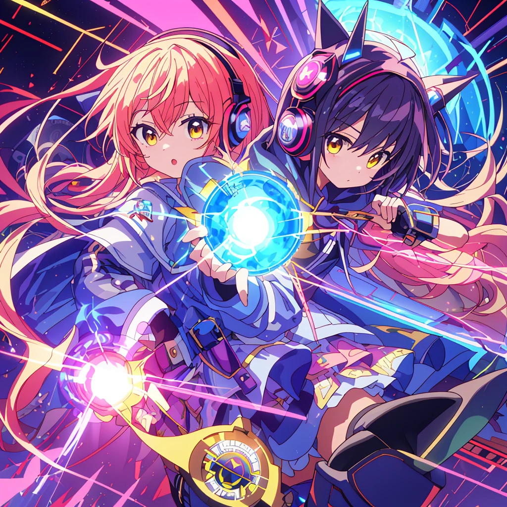 1girl,(((Highest quality、Masterpiece、Official Art、The best dynamic composition、Super detailed)))、Anime Magical Girl、cyber punk、巨大なかわいい💛型の魔法の杖、Cloak with hood、Headphones on head、アイドルの服なのにcyber punk、White long boots、A pouch for holding test tubes on the waist、❤💛、