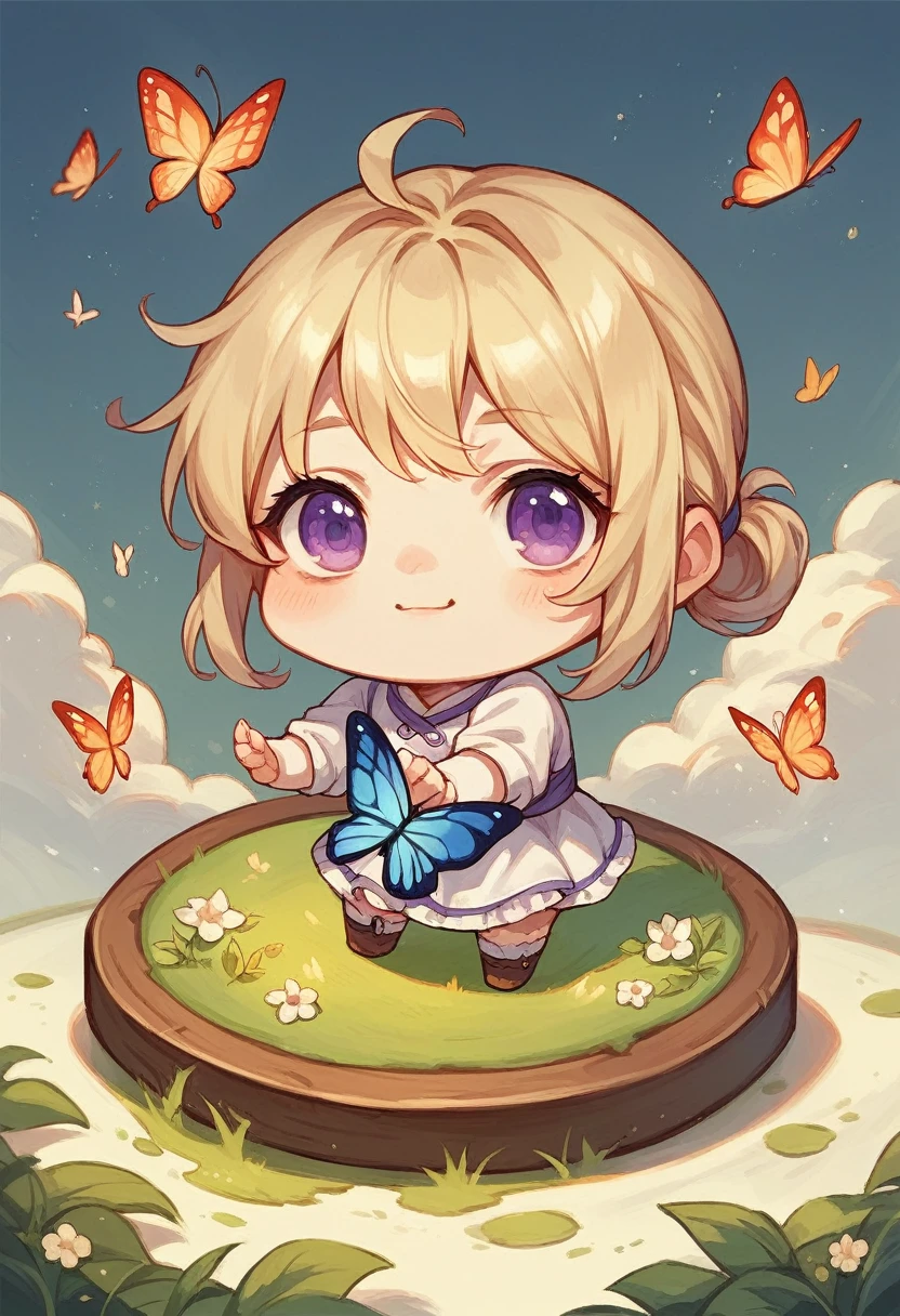 Chibi Painting,woman,grace,,butterfly, girl,blond,Q version,Purple Eyes