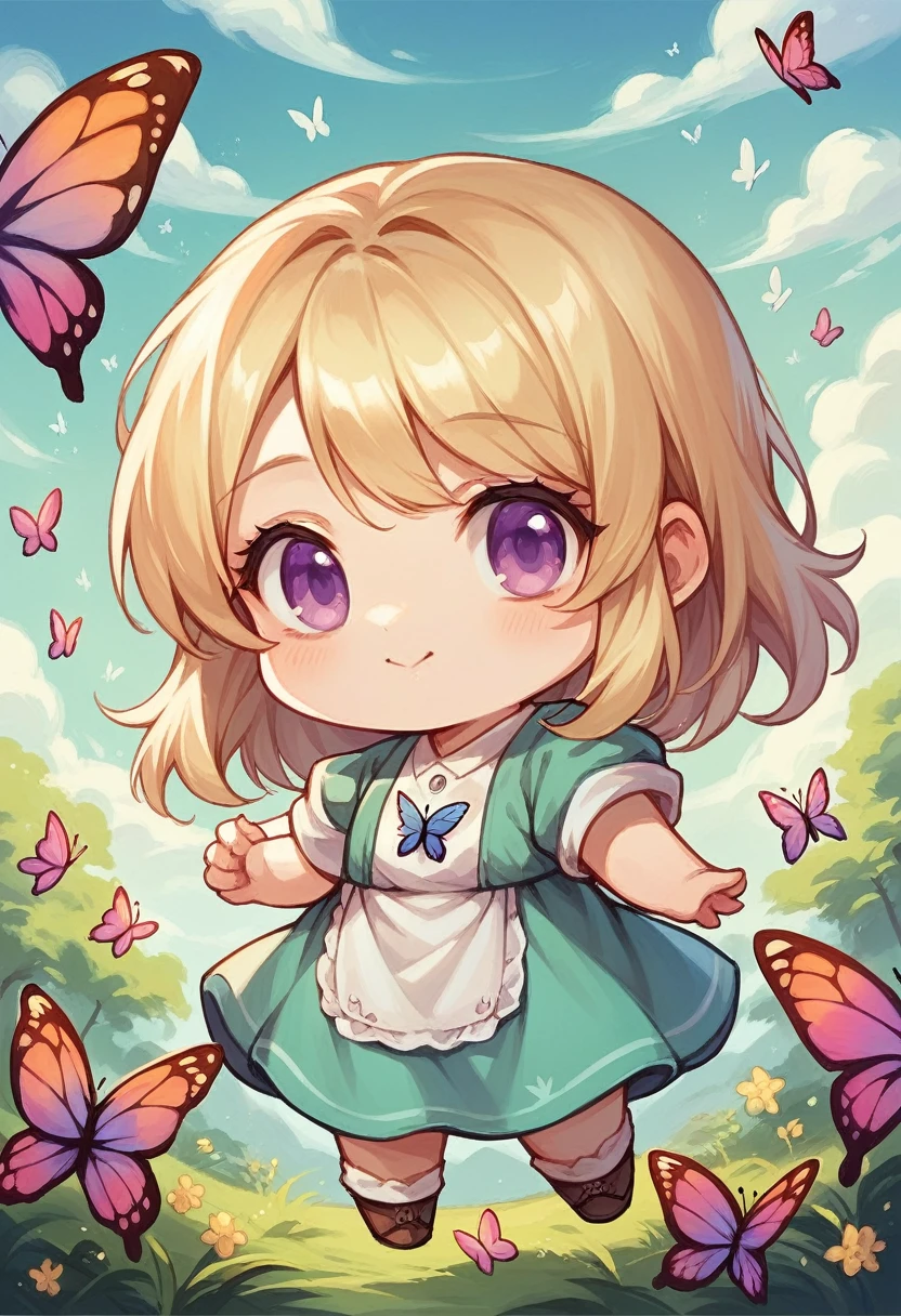 Chibi Painting,woman,grace,,butterfly, girl,blond,Q version,Purple Eyes