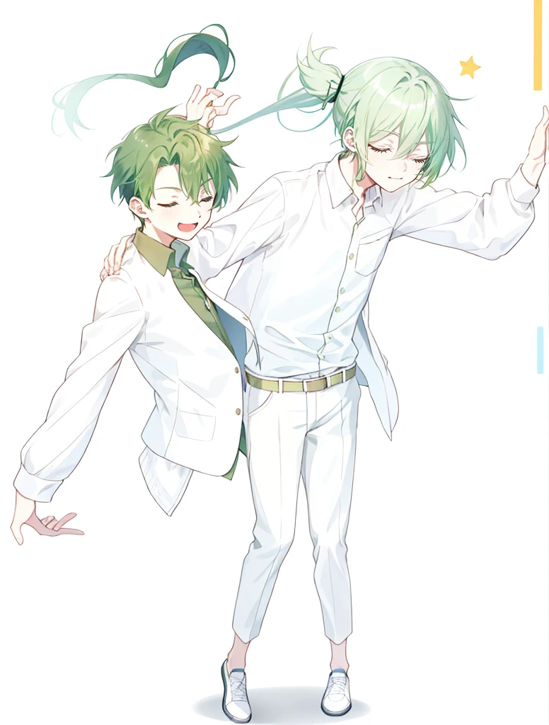 1 boy, 27 years old, full body, hair between eyes, dark green hair, Lower ponytail, collared shirt, slacks, safari jacket, closed eyes,