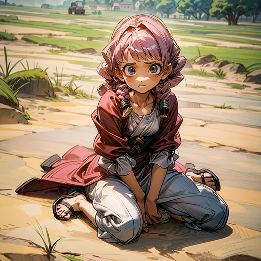 1childern girl, Full body version, 1character, children girl version, blue eyes, long Curly haircut, pink colour hair, Ancient Roman clothing, red colour clothing, sandals, Grassroots, background in field town, motion blur, Lie down gesture, (dragon ball style art)