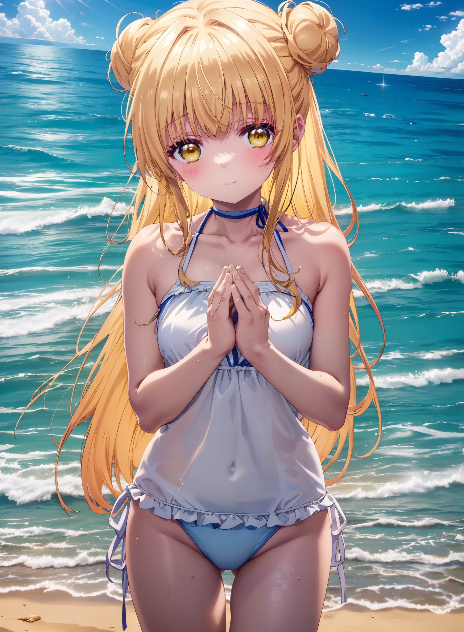 mahirushiina, Mahiru Shiina, Long Hair, bangs, Blonde, Brown Hair, (Yellow Eyes:1.3), smile,blush,Hair Bun, double Hair Bun,Hair Lock,Yellow string bikini swimsuit,barefoot,Water Play,Ocean,Sandy Beach,whole bodyがイラストに入るように,Wet Hair,Wet Skin,Wet swimsuit,
break outdoors, Beach,
break looking at viewer, whole body,(Cowboy Shot:1. 5)
break (masterpiece:1.2), Highest quality, High resolution, unity 8k wallpaper, (figure:0.8), (Beautiful attention to detail:1.6), Highly detailed face, Perfect lighting, Highly detailed CG, (Perfect hands, Perfect Anatomy),
