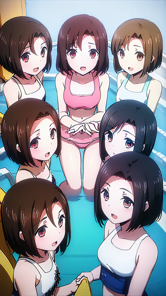 Highest quality、High resolution、Detailed Background、(Beautiful face in every detail:1.4)、Anatomically correct、(Detailed facial expressions)、(fine grain:1.2)、8-year-old beauty、cuteカラーの髪色、Braided Ponytail、Braided bob cut、Braided twin tails、Navy School Swimsuit、(Flat Chest)、Perfect body line、Thick thighs、Please show me your whole body、 (Five beautiful girls in school swimsuits having fun in the school pool:1.5)、 Big smile、Laughing with your mouth open、My whole body is wet、My hair is wet too、Fun atmosphere、Embrace each other、cute仕草、cute