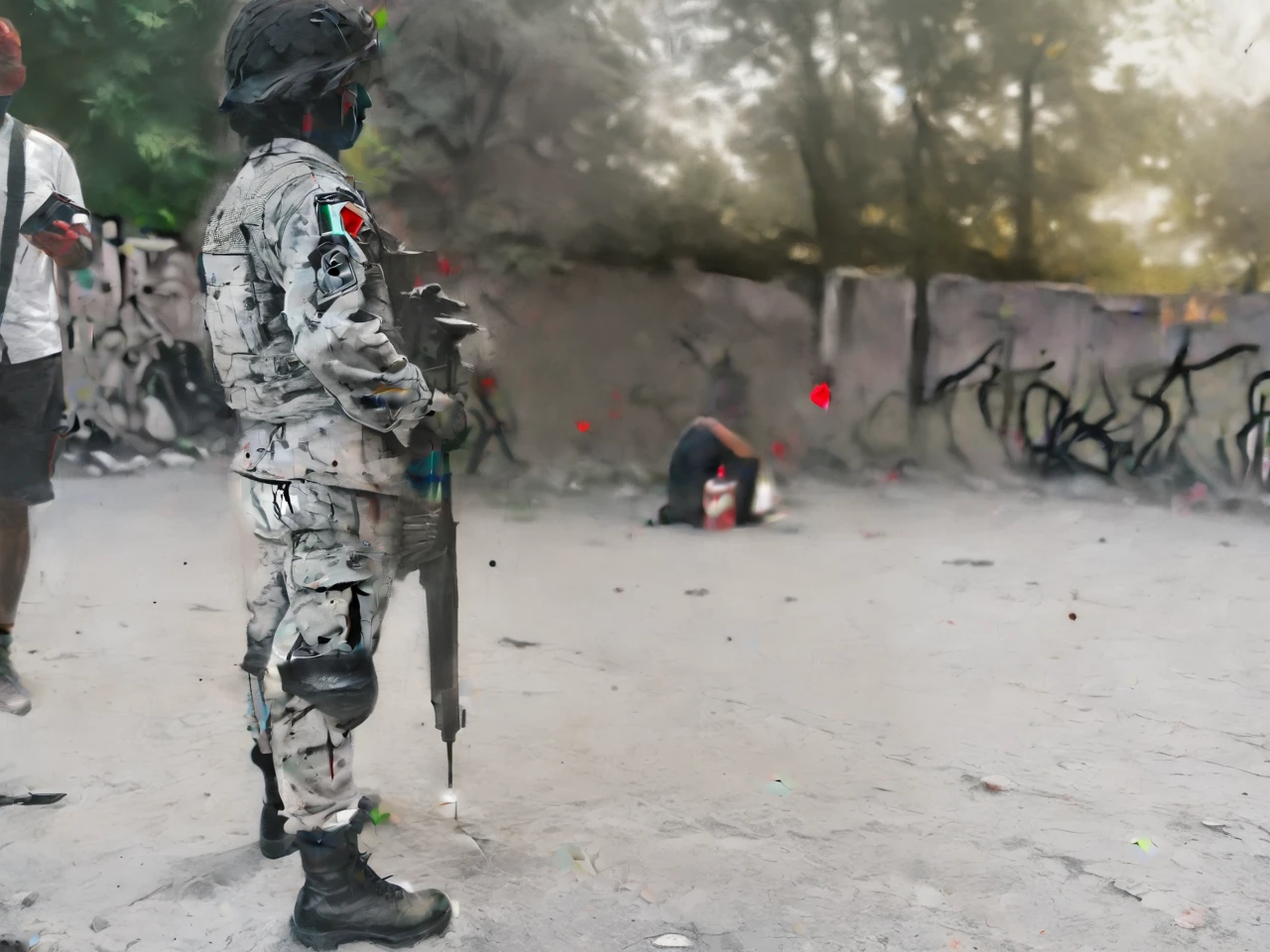 graffiti on wall, black and white, red spot color, silhouettes of war, helpless victims