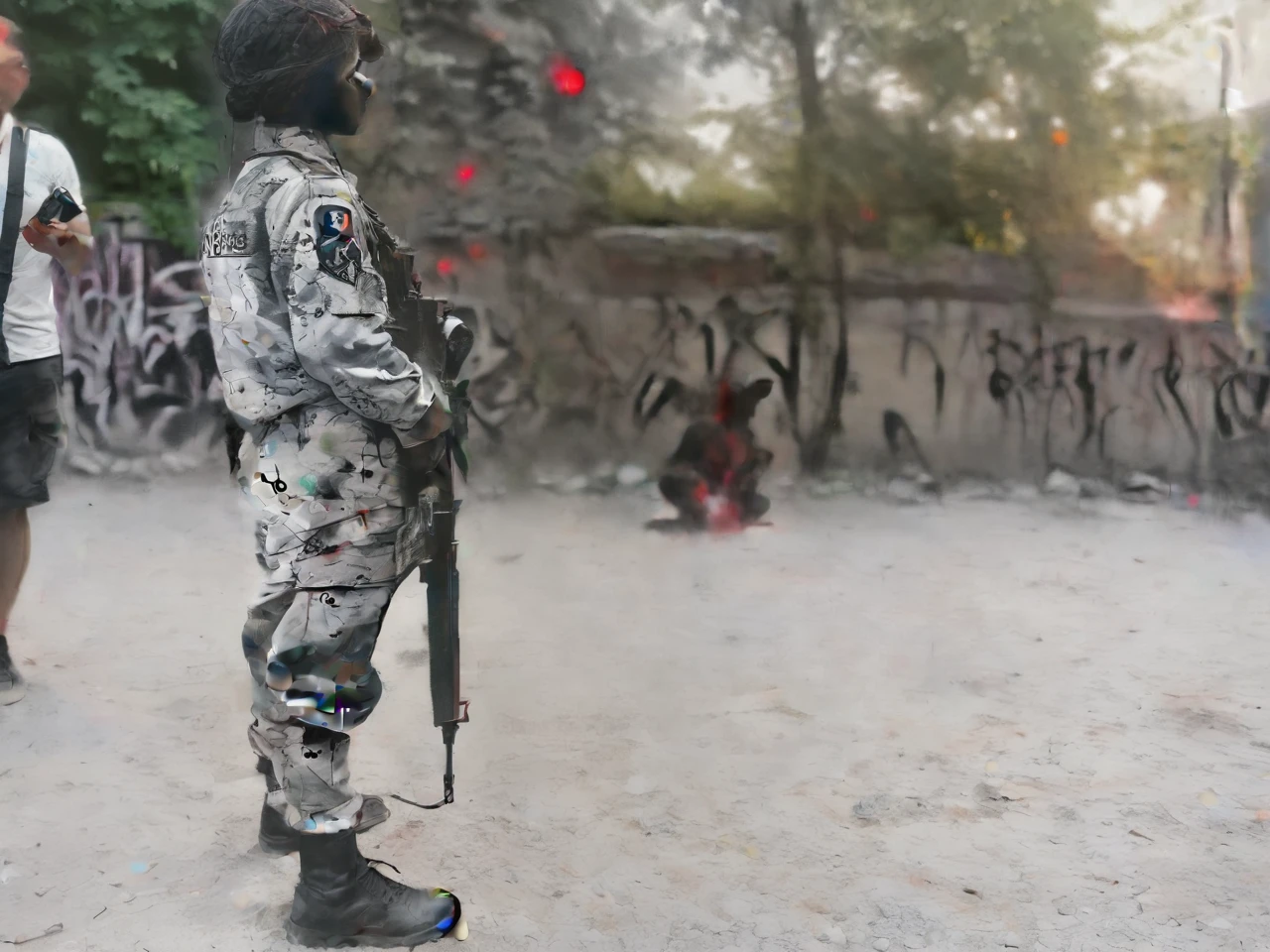 graffiti on wall, black and white, red spot color, silhouettes of war, helpless victims