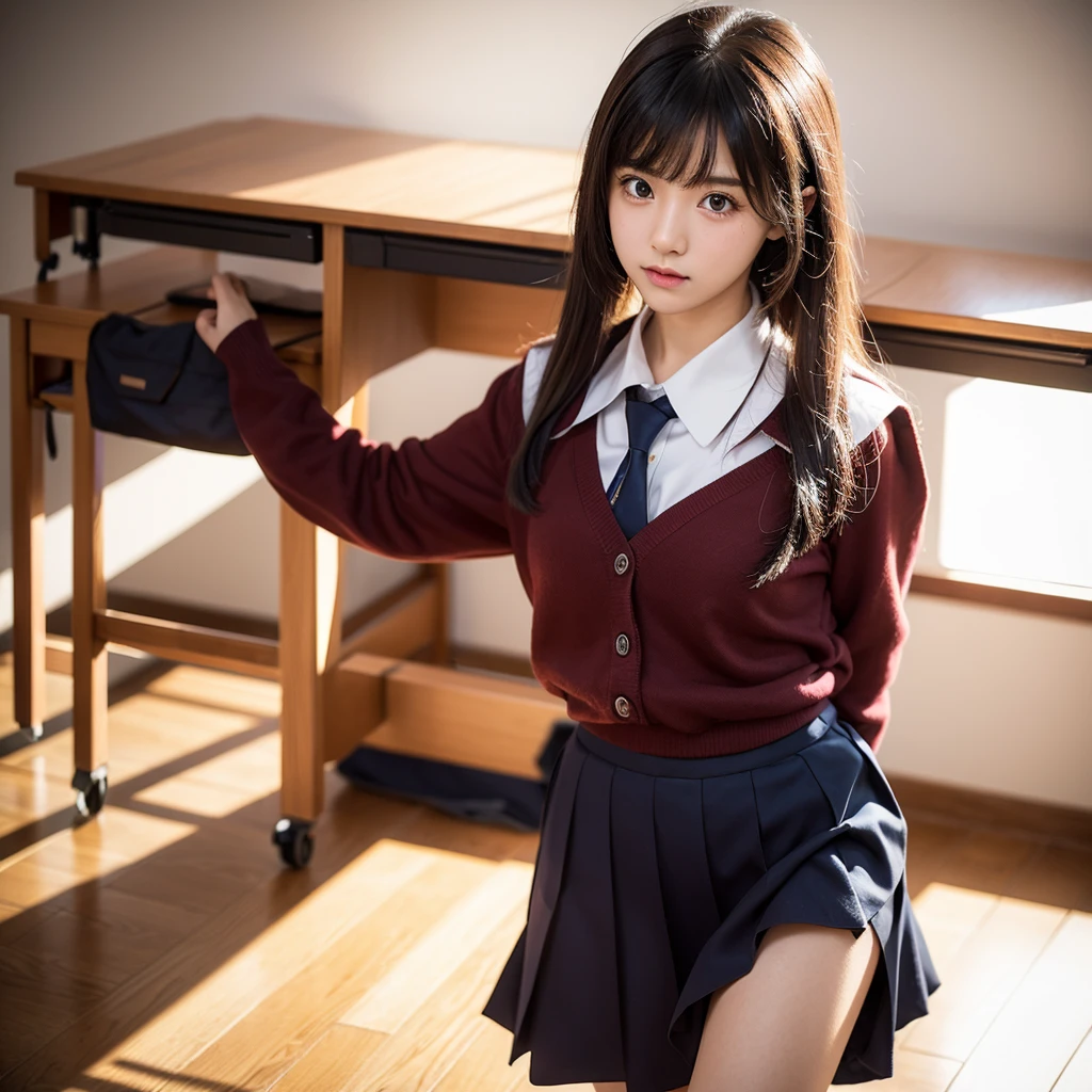 seifuku, photo, realistic, best quality, hires, detailed face, classroom, detailed background, diffused lighting, depth of field, spread pussy