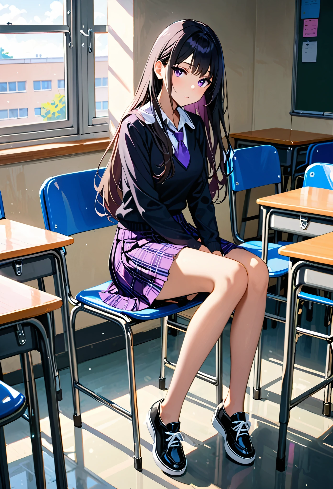 masterpiece, best quality, highres, 1girl, solo, high , skirt, bare legs, matching shoes, looking at viewer, empty classroom, soft lighting, black hair, purple eyes, medium breasts, long hair, sitting in a chair, full body, hair down, cool