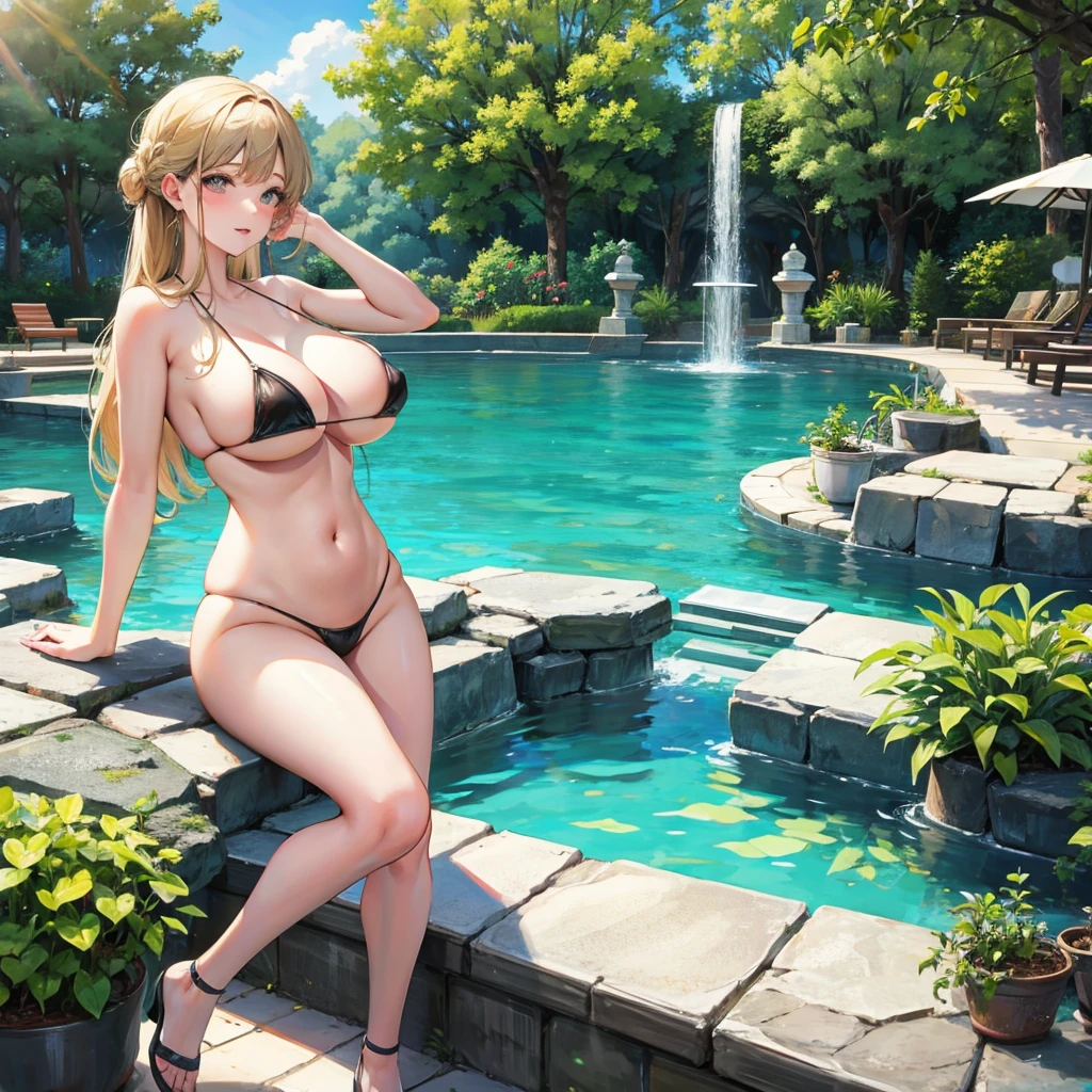 Girl with huge breasts wearing a micro bikini inside a fountain in a public park 