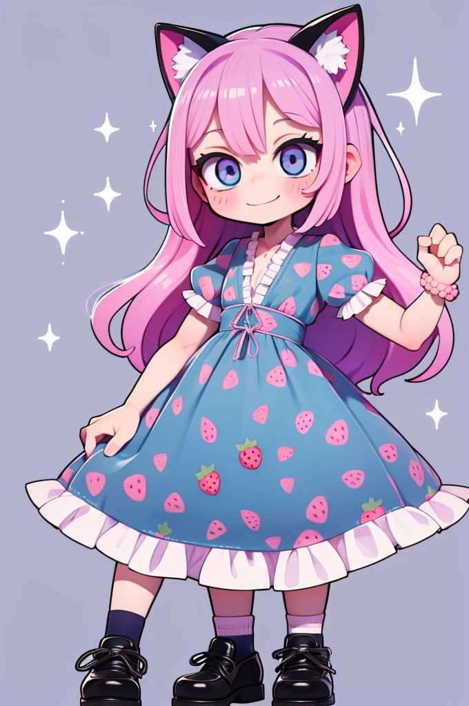 1 girl, chibi, tiny, toddler, pink hair, purple hairclips, cat ears, light skin, blue eyes, sparkle in eyes, purple pacifier, wearing light blue strawberry pattern dress, black flat shoes, white ruffle socks, colorful bead bracelets, smiling