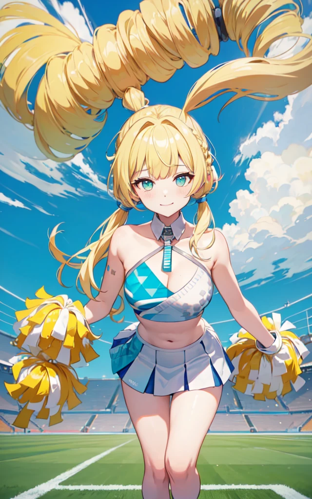 (masterpiece, top quality, best quality, official art, beautiful and aesthetic:1.2), (8k, best quality, masterpiece:1.2), (((masterpiece))), (((best quality))), (((extremely detailed))), illustration, who, (masterpiece, top quality, best quality, official art, beautiful and aesthetic:1.2), (8k, best quality, masterpiece:1.2), 1girl, millennium cheerleader outfit \(blue archive\), crop top, cheerleader, Pom-poms, (((blonde hair))), twin tails, long hair, medium breasts, turquoise eyes, full body, wide hips, smile, skirt, (((green and white cheerleader outfit))), football field,