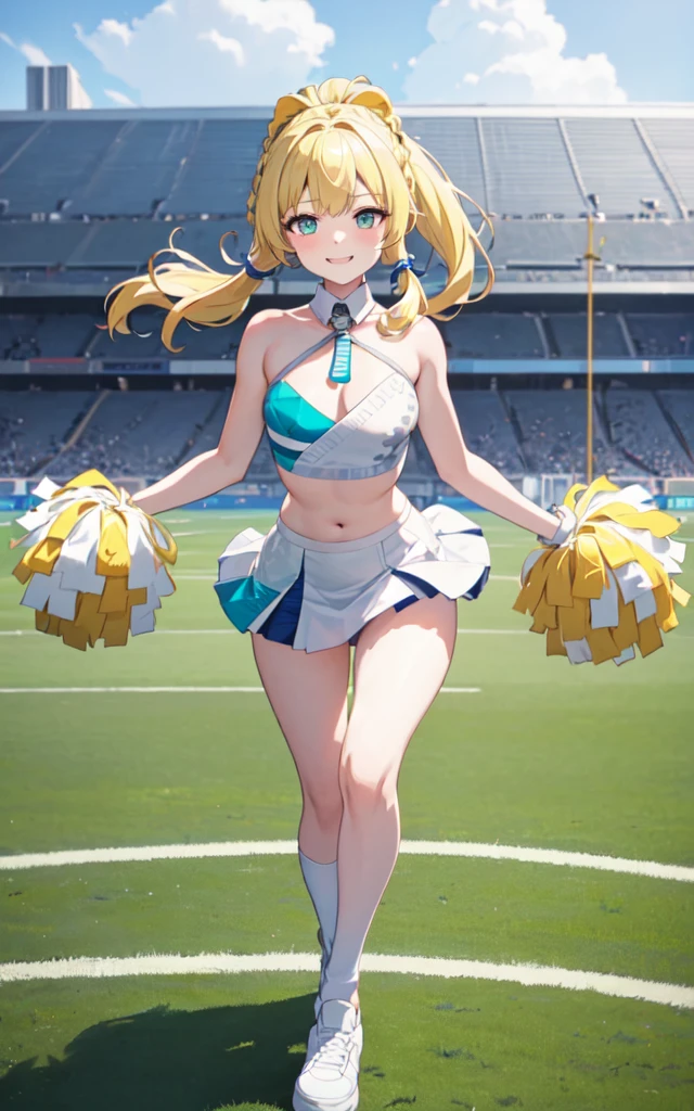 (masterpiece, top quality, best quality, official art, beautiful and aesthetic:1.2), (8k, best quality, masterpiece:1.2), (((masterpiece))), (((best quality))), (((extremely detailed))), illustration, who, (masterpiece, top quality, best quality, official art, beautiful and aesthetic:1.2), (8k, best quality, masterpiece:1.2), 1girl, millennium cheerleader outfit \(blue archive\), crop top, cheerleader, Pom-poms, (((blonde hair))), twin tails, long hair, medium breasts, turquoise eyes, full body, wide hips, smile, skirt, (((green and white cheerleader outfit))), football field,