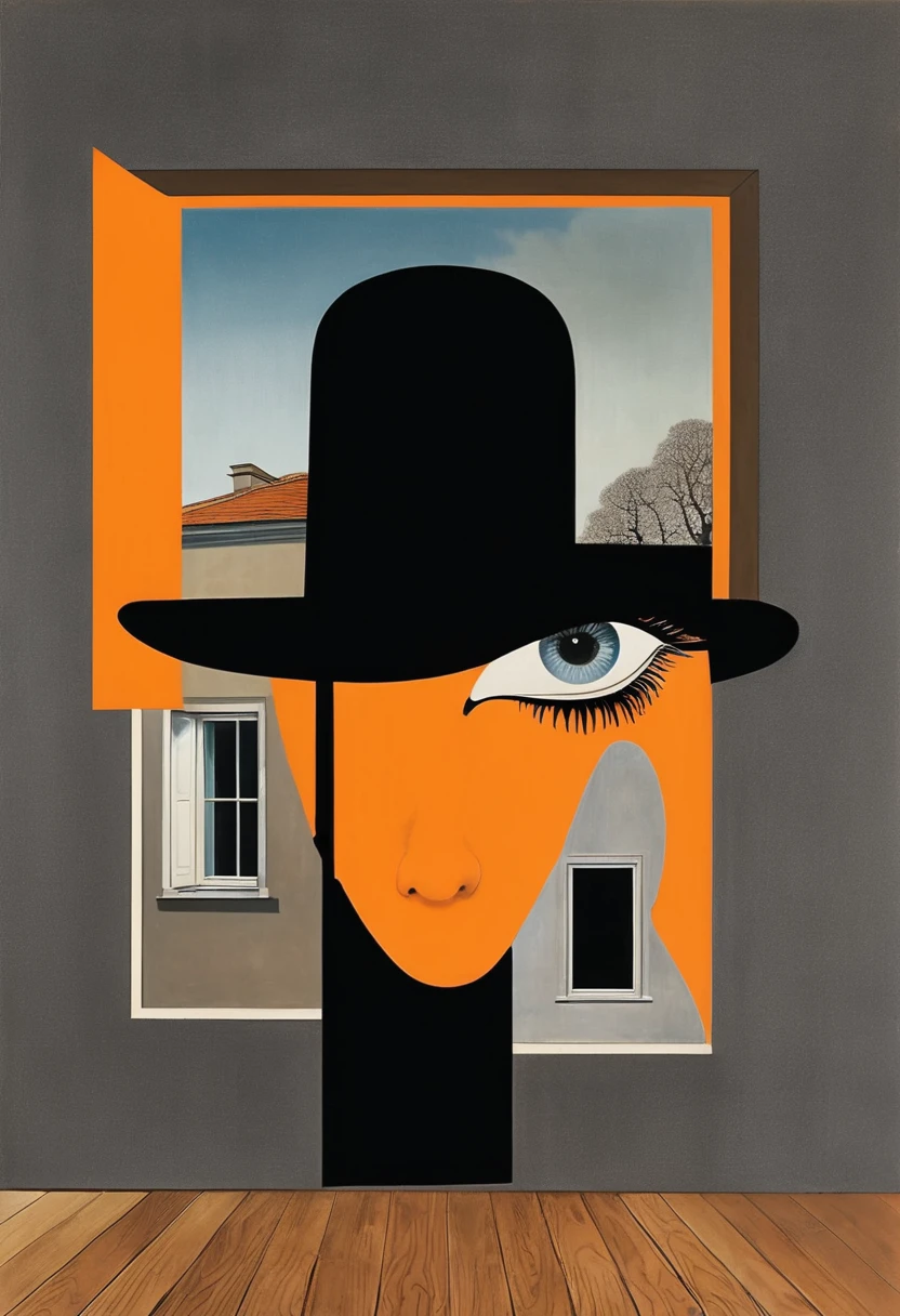 René Magritte，Surreal and strange dislocation art：Collage画，There are many different things on the face，house，window，Geometric Dislocation，Collage,Hollow，Artistic sense，Painting，paint，Simple，Black and Orange