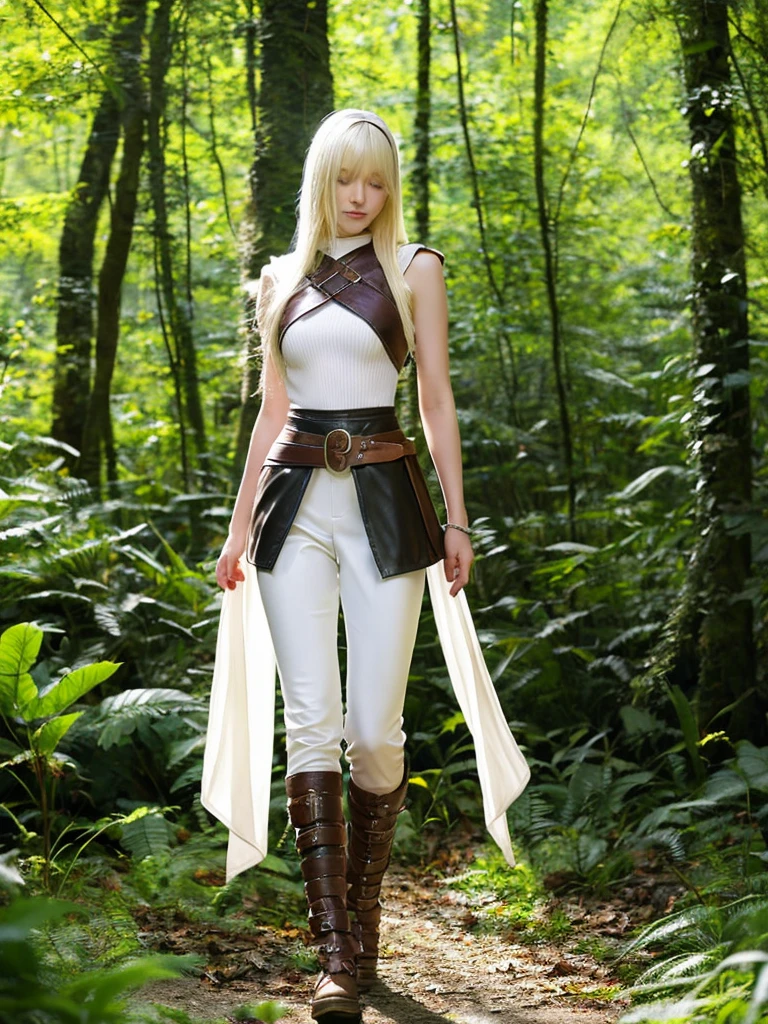 Long white hair, cate features, white skin, Fantasy world. Adventurer style with armor on the shoulder and arms (ruby). Ideal slim and delicate body in the form of an hourglass figure. In the forest. Armor on the shoulders and a magical cool sword on the hilt. High summer fantasy boots with rubies with stocking. Clothes are visible from head to toe. Tight-fitting leather trousers that reach below the thigh.