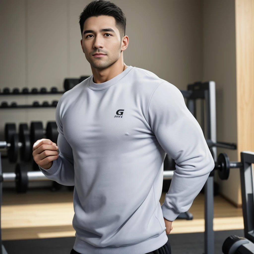 masterpiece, best quality, high resolution, Practical, Handsome, Photogenic, Shank, SFW,  A photo of a 35-year-old gym fraternity (man:1.2) portrait, Standing in the gym , Do military news, weight, amazing , Short flat head,Stubble , (muscular),Looking at the audience, Flirting with the camera, charming, (Tight-fitting white sweatshirt ),(GS-positive:1), 8K Ultra HD