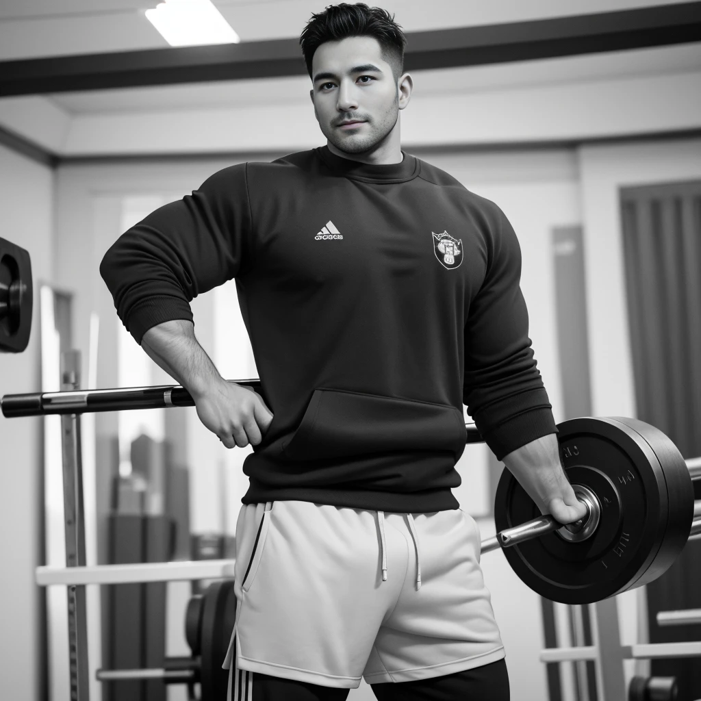 masterpiece, best quality, high resolution, Practical, Handsome, Photogenic, Shank, SFW,  A photo of a 35-year-old gym fraternity (man:1.2) portrait, Standing in the gym , Do military news, weight, amazing , Short flat head,Stubble , (muscular),Looking at the audience, Flirting with the camera, charming, (Tight-fitting white sweatshirt ),(GS-positive:1), 8K Ultra HD