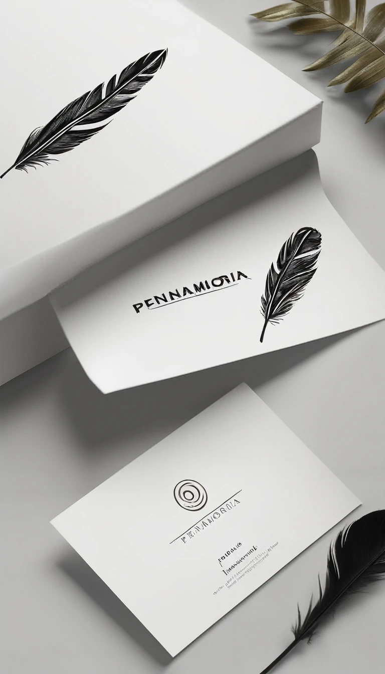 A minimal, modern, simple, cinematic logo design for the brand “Penamemoria". Create a modern, minimalistic, high-quality, logo of a feather with memories. The logo must be a symbol for dreams, stories, memories, music and imagination.
