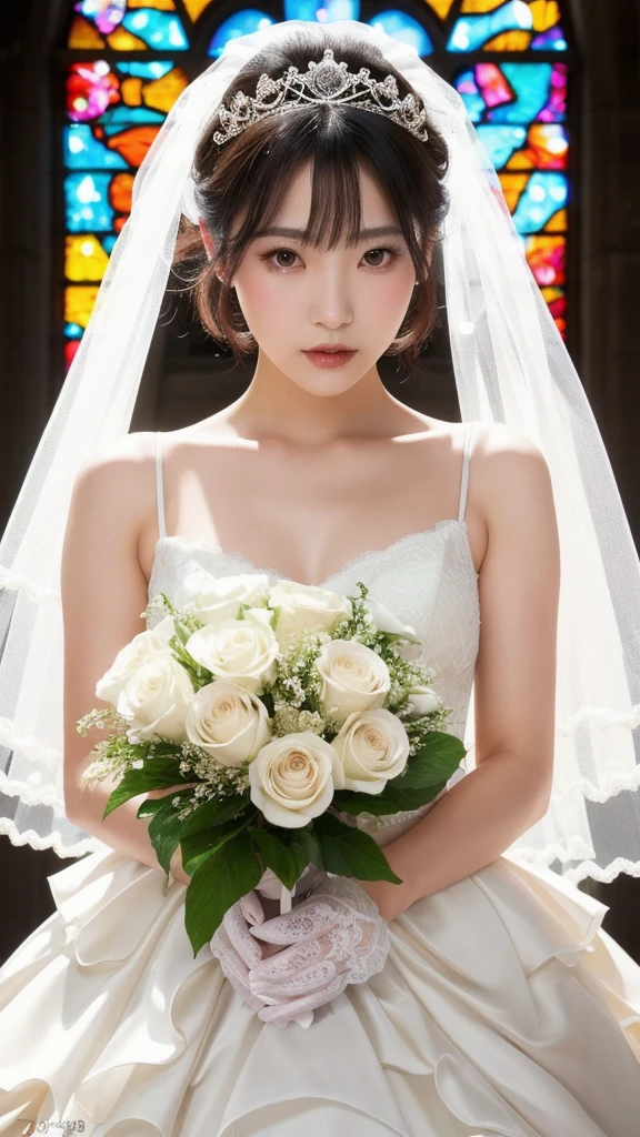 (8k, Photorealistic, Raw photo, Highest quality: 1.4),Japanese idol-style beautiful girl,model,1 person,18-year-old,(Short Bob),(Black Hair),tiara,She has her hair tucked behind her ears,Clear grey eyes,Long eyelashes,Eyeliner,eyeliner,(piercings(small)),cheek(Beige brown),(Lip gloss),lips(Plump,glossy),Translucent white and finely textured skin,thin long neck,Thin and delicate shoulders,(Lace gloves(White)),(Wedding Bouquet),(Wedding dress(Frills,Plumpしたロングスカート :1.1)),(layer),(Fishnet tights(White)),(High heels(White)),(Background of a Gothic-style stone church with stained glass windows),Full body portrait