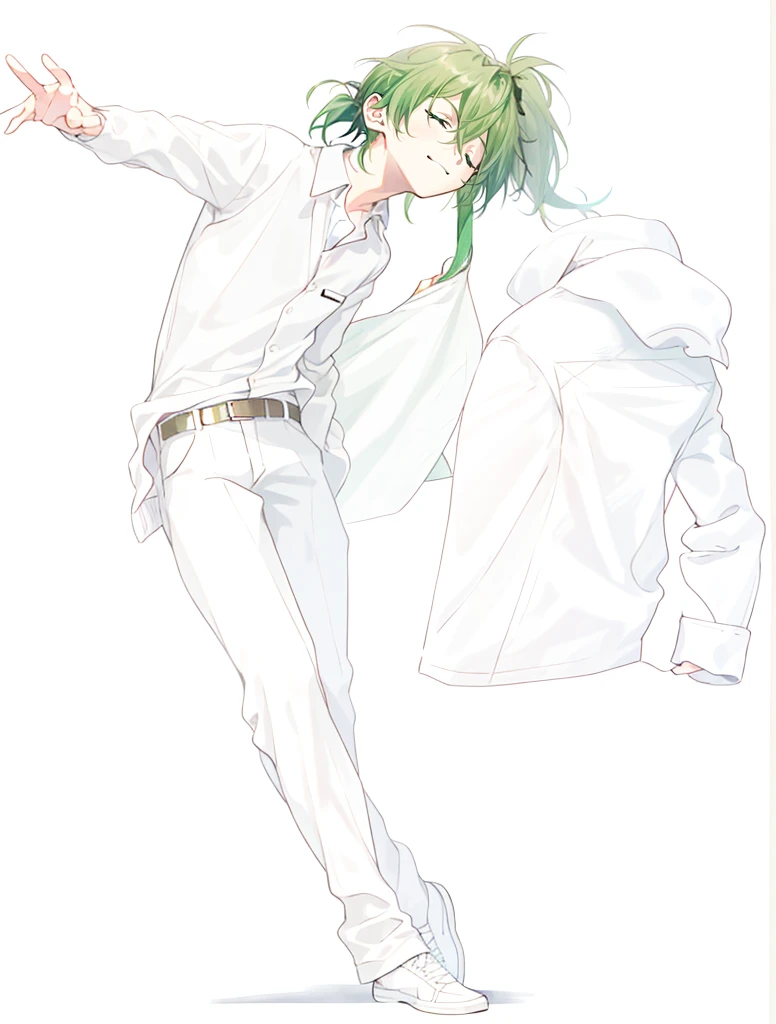 1 boy, 27 years old, full body, hair between eyes, dark green hair, Lower ponytail, collared shirt, slacks, safari jacket, closed eyes,