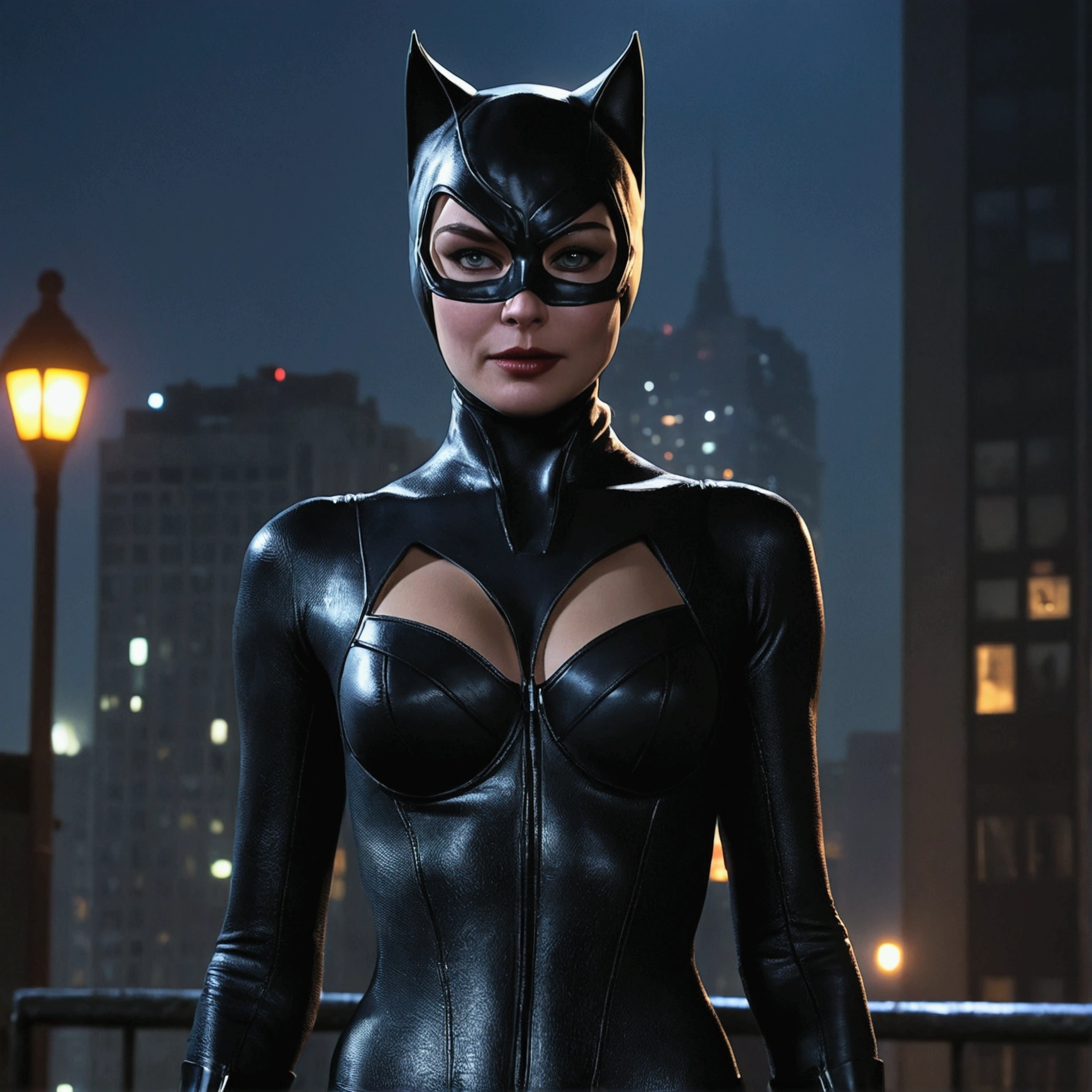 Catwoman、Gotham City at Night、Christopher Nolan Style、Drama and lifesaving、Dynamic, dark and scary atmosphere、Dramatic Light、Very detailed、Full of hidden details、Hyperrealistic、uhd画像、realism、カラフルなrealism、uhd、8k、Full body image、Long tail、
