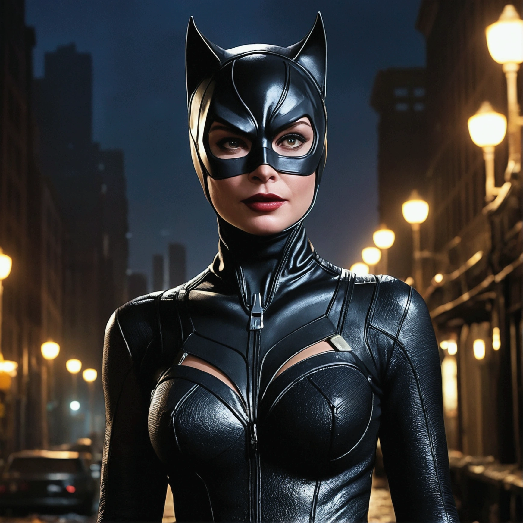 Catwoman、Gotham City at Night、Christopher Nolan Style、Drama and lifesaving、Dynamic, dark and scary atmosphere、Dramatic Light、Very detailed、Full of hidden details、Hyperrealistic、uhd画像、realism、カラフルなrealism、uhd、8k、Full body image、Long tail、