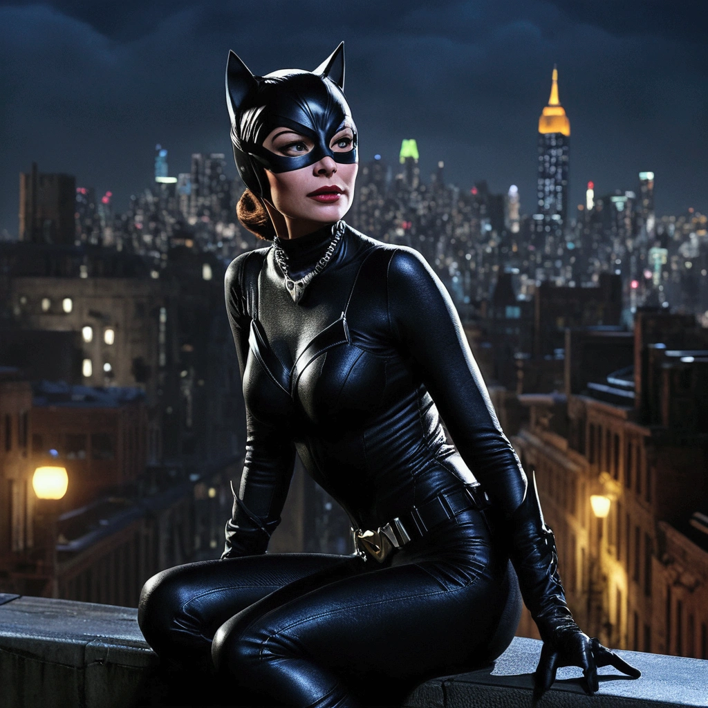 Catwoman、Gotham City at Night、Christopher Nolan Style、Drama and lifesaving、Dynamic, dark and scary atmosphere、Dramatic Light、Very detailed、Full of hidden details、Hyperrealistic、uhd画像、realism、カラフルなrealism、uhd、8k、Full body image、Long tail、