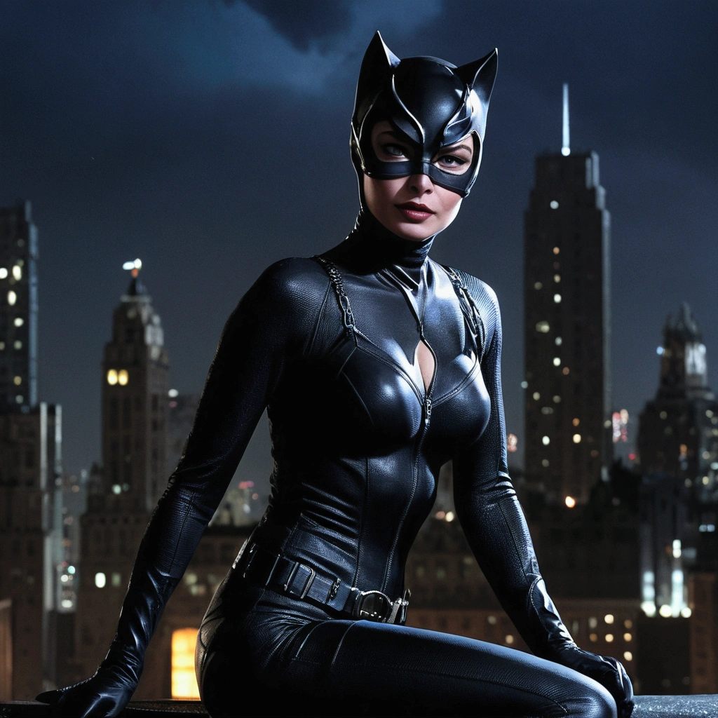 Catwoman、Gotham City at Night、Christopher Nolan Style、Drama and lifesaving、Dynamic, dark and scary atmosphere、Dramatic Light、Very detailed、Full of hidden details、Hyperrealistic、uhd画像、realism、カラフルなrealism、uhd、8k、Full body image、Long tail、