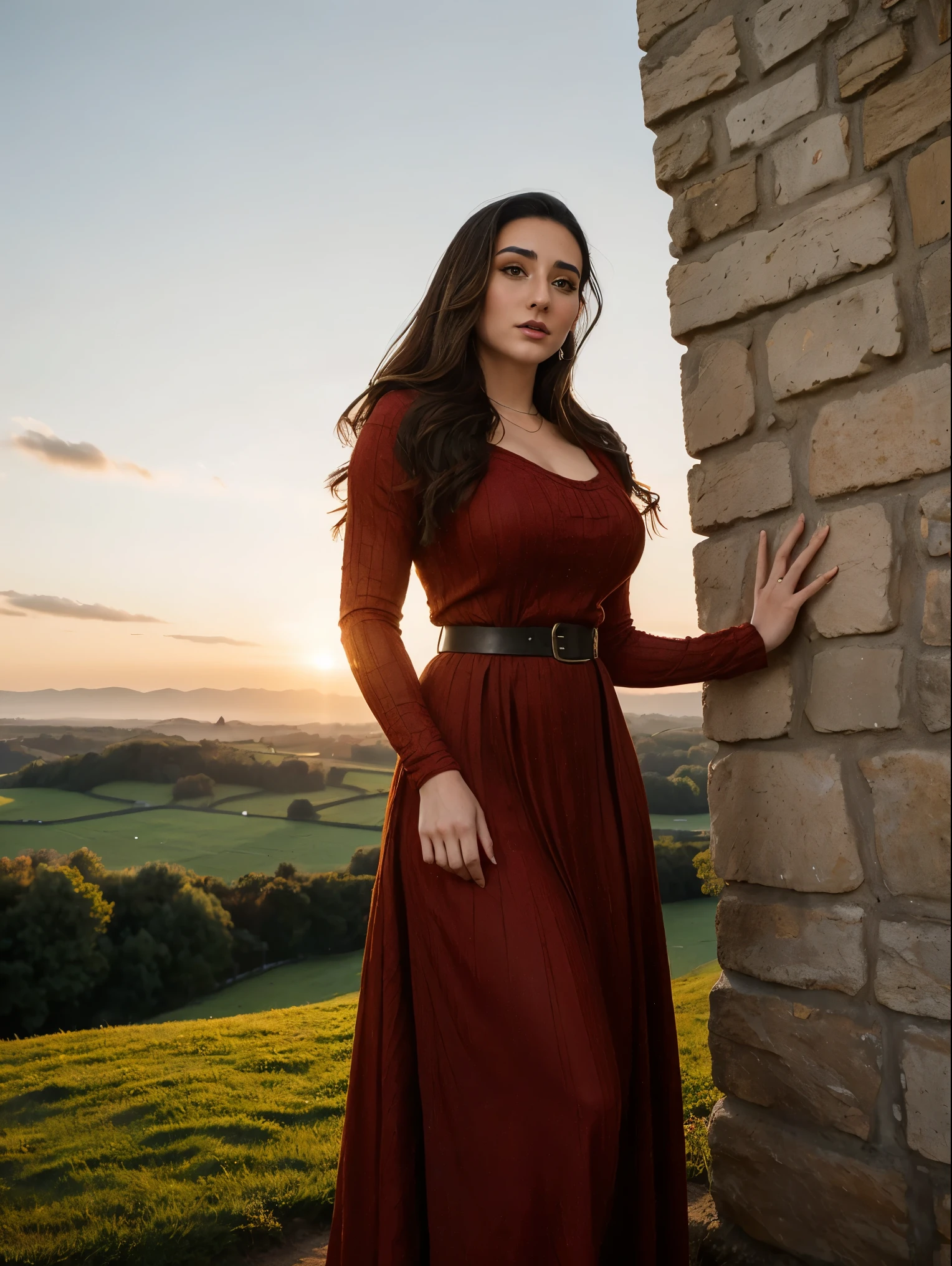 Gorgeous and sultry busty athletic (thin) brunette queen with sharp facial features wearing a modest updo, dark red medieval dress, long sleeves, intricate patterns, scrollwork, wide neck, crown, veil, long dress, modest dress, tight bodice, silver belt, (waist chain), medieval jewelry, Middle Ages, castle, rampart, wall, exterior, on top of a castle wall, trees, countryside, evening, sunset.