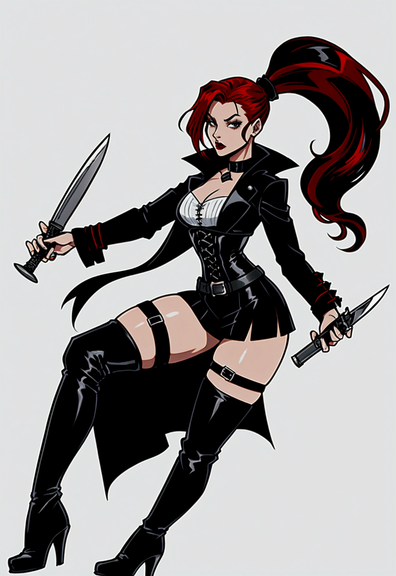Rogue human woman, with red hair and black streaks, long high ponytail, white corset, black mini skirt, black thigh high boots, black jacket, holding a knife, full body