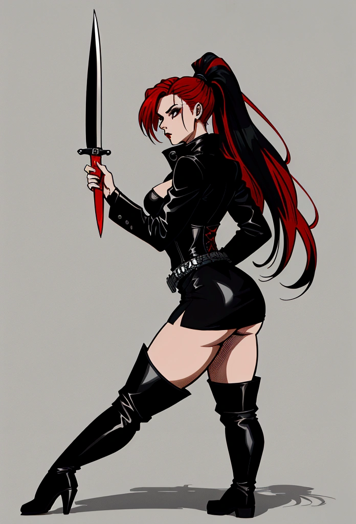 Rogue human woman, with red hair and black streaks, long high ponytail, white corset, black mini skirt, black thigh high boots, black jacket, holding a knife, full body
