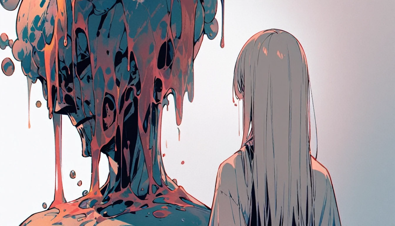 Man with liquid flowing from upper body、 My head is melting., Liquid head, Solitary,Temporarily stop, whole body, Women's shirts,Pure white room、put your hands on the chest