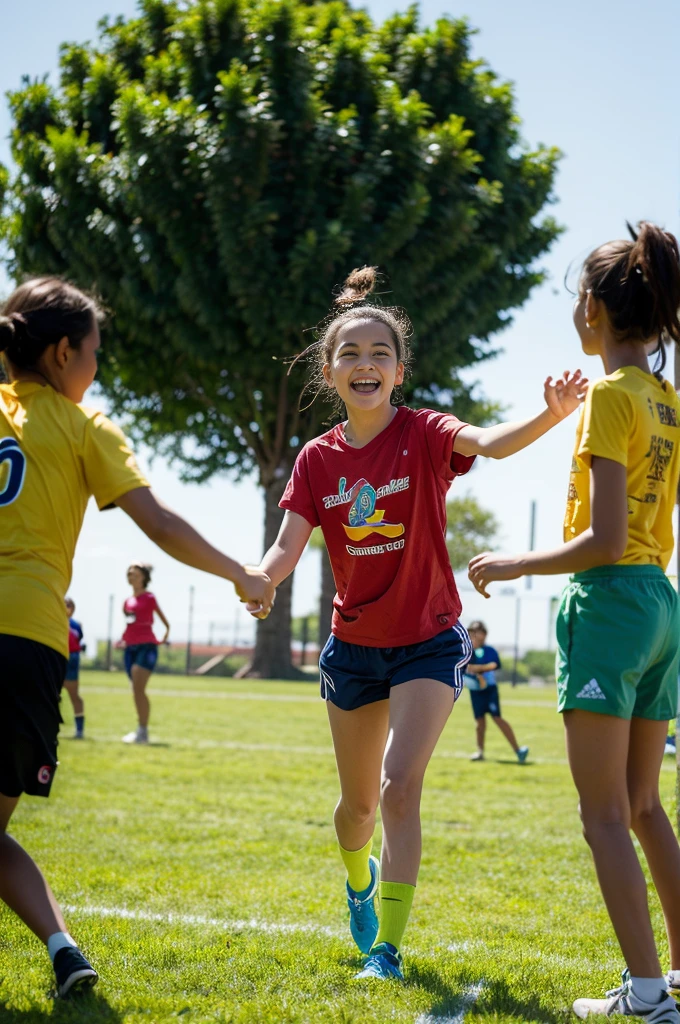 Create a highly realistic scene set at a vibrant sports center in Italy. The focus is on a 13-year-old Italian adolescent girl surrounded by a group of younger children. They are all dressed in colorful t-shirts and shorts, reflecting their energetic and joyful mood.

    The 13-year-old girl stands in the center, a confident and cheerful leader. She has shoulder-length brown hair tied back in a ponytail and wears a bright red t-shirt and blue shorts. Her face is lit up with a warm smile as she engages with the children around her, radiating a sense of enthusiasm and camaraderie.
    Surrounding her are children aged between 5 and 10, each wearing t-shirts and shorts in various vibrant colors such as yellow, green, blue, and orange. Their expressions are filled with happiness and excitement as they interact with each other and the older girl. Some of the children hold sports equipment like soccer balls and jump ropes, indicating their readiness for fun activities.

The background features the lively setting of the sports center: an open field with freshly cut grass, a running track, and various sports facilities such as basketball courts and a soccer pitch. A few trees and benches are scattered around, providing spots of shade and rest. The sky is clear and blue, with the sun shining brightly, casting a warm light over the entire scene.

This scene captures the energetic and playful atmosphere of the sports center, with the 13-year-old girl at the heart of the joyful group, creating a sense of unity and fun among the children. The vibrant colors of their outfits and the lively interactions reflect the spirit of a summer day filled with sports and laughter
