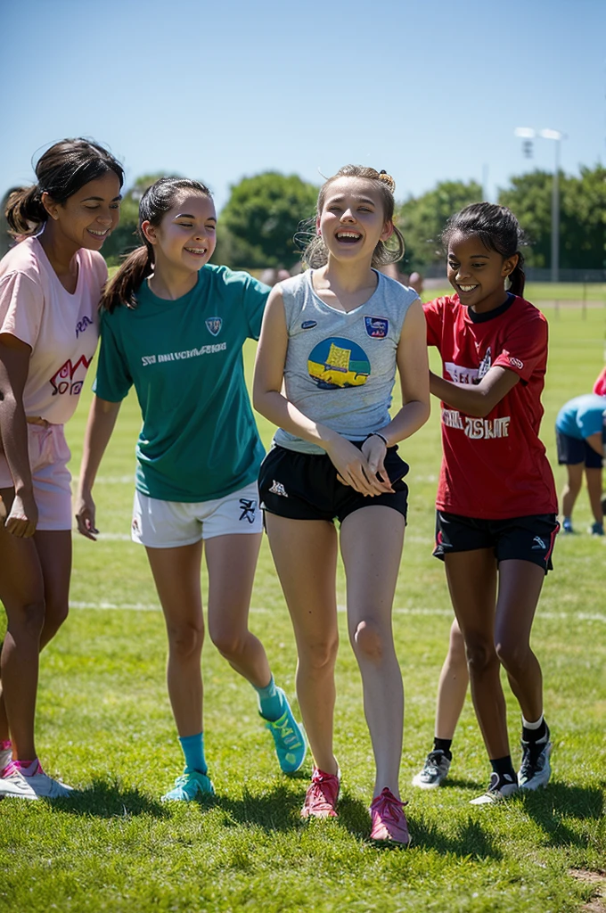 Create a highly realistic scene set at a vibrant sports center in Italy. The focus is on a 13-year-old Italian adolescent girl surrounded by a group of younger children. They are all dressed in colorful t-shirts and shorts, reflecting their energetic and joyful mood.
The 13-year-old girl stands in the center, a confident and cheerful leader. She has shoulder-length brown hair tied back in a ponytail and wears a bright red t-shirt and blue shorts. Her face is lit up with a warm smile as she engages with the children around her, radiating a sense of enthusiasm and camaraderie.
Surrounding her are children aged between 5 and 10, each wearing t-shirts and shorts in various vibrant colors such as yellow, green, blue, and orange. Their expressions are filled with happiness and excitement as they interact with each other and the older girl. Some of the children hold sports equipment like soccer balls and jump ropes, indicating their readiness for fun activities.
The background features the lively setting of the sports center: an open field with freshly cut grass, a running track, and various sports facilities such as basketball courts and a soccer pitch. A few trees and benches are scattered around, providing spots of shade and rest. The sky is clear and blue, with the sun shining brightly, casting a warm light over the entire scene.
This scene captures the energetic and playful atmosphere of the sports center, with the 13-year-old girl at the heart of the joyful group, creating a sense of unity and fun among the children. The vibrant colors of their outfits and the lively interactions reflect the spirit of a summer day filled with sports and laughter