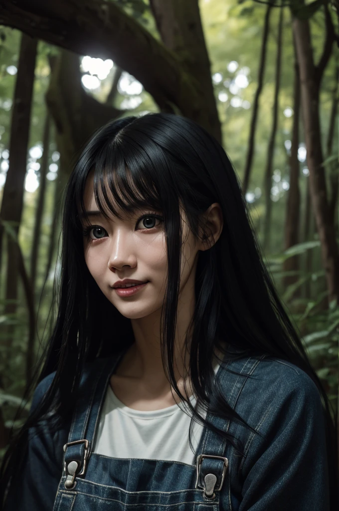 8k,Photorealistic RAW photos of the highest quality。so beautiful(Like the real thing顔) Bright colors、Image of a perfect woman,Art Station Trendasterpiece、8k resolution、Character Art,Ultra-high resolution,,Mr..々Pause,charm,sexy,Rich colors, Backlight, Cinema Lighting, Film Grain, to be born, 50mm lens, Nikon D850,compensate,Ultra-Realistic Skin,Rich colors, Backlight, Cinema Lighting, Film Grain, to be born, 50mm lens, Nikon D850,smile,In a super realistic forest,Very big breastsの,so beautiful(Like the real thing),Ultra-high resolution,Like the real thing見える肌,Horror movie shot of spooky,Very long Straight black hair, Sadako,so beautiful(Like the real thing),Three-part method, Tone color scheme, mystery, Horror, spooky, spooky, Denis Villeneuve style, Movie stills, Cinestill 800,Fantasy art,Character Art,sexyな,Scary Form,Grudge,dissatisfaction,Very large breasts,smile,Pink T-shirt,Overalls,sneakers,(Wear backwards),