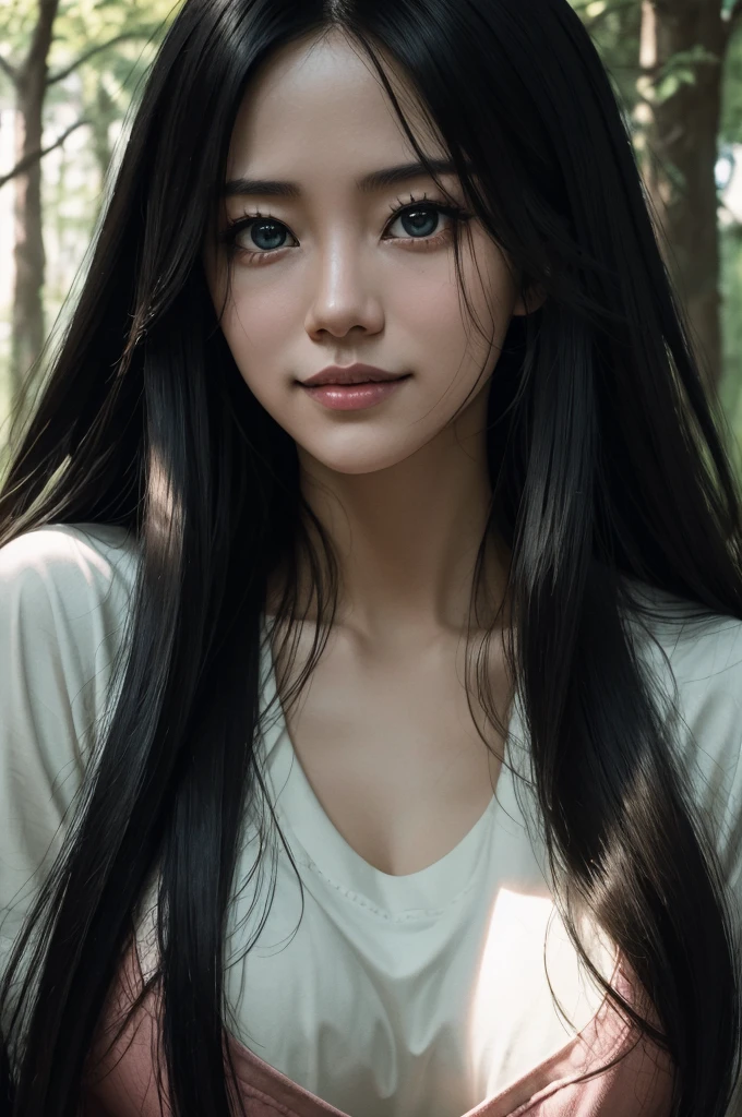 8k,Photorealistic RAW photos of the highest quality。so beautiful(Like the real thing顔) Bright colors、Image of a perfect woman,Art Station Trendasterpiece、8k resolution、Character Art,Ultra-high resolution,,Mr..々Pause,charm,sexy,Rich colors, Backlight, Cinema Lighting, Film Grain, to be born, 50mm lens, Nikon D850,compensate,Ultra-Realistic Skin,Rich colors, Backlight, Cinema Lighting, Film Grain, to be born, 50mm lens, Nikon D850,smile,In a super realistic forest,Very big breastsの,so beautiful(Like the real thing),Ultra-high resolution,Like the real thing見える肌,Horror movie shot of spooky,Very long Straight black hair, Sadako,so beautiful(Like the real thing),Three-part method, Tone color scheme, mystery, Horror, spooky, spooky, Denis Villeneuve style, Movie stills, Cinestill 800,Fantasy art,Character Art,sexyな,Scary Form,Grudge,dissatisfaction,Very large breasts,smile,Pink T-shirt,Overalls,sneakers,(Wear backwards),