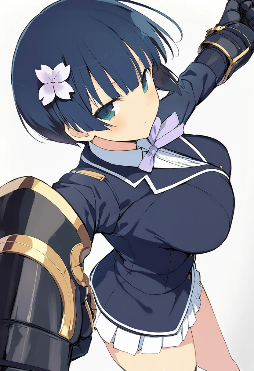 masterpiece, best quality,
yozakura (senran kagura), 1girl, breasts, solo, short hair, blue hair, blue eyes, large breasts, hair ornament, hair flower,
gauntlets, flower, blazer, , emblem,
white background, looking at viewer,