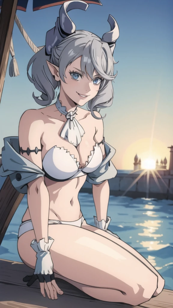 Beautiful arts wallpaper Sunset Outside castle top High level image quality best image quality 8K adult woman on pirate ship with black seals more colors whole body view portrait wearing pure white bikini horn ears short hair((shortcut)(gray hair)(perm)(fluffy)) eye color is blue , , attractive evil face , smile , wering pirate clothes, pirate hat , labrynth ,gloves , barefoot ,