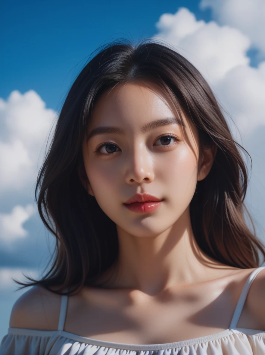 score_9, score_8_up, score_7_up, Best quality, masterpiece, realistic, realism, film grain, photo by fuji-proplus-ii film, half-length portrait, raw photo of 20 years old woman in off-shoulder, close up portrait, deep blue sky, cloudy sky, outdoor, high key light, soft shadow, dark theme