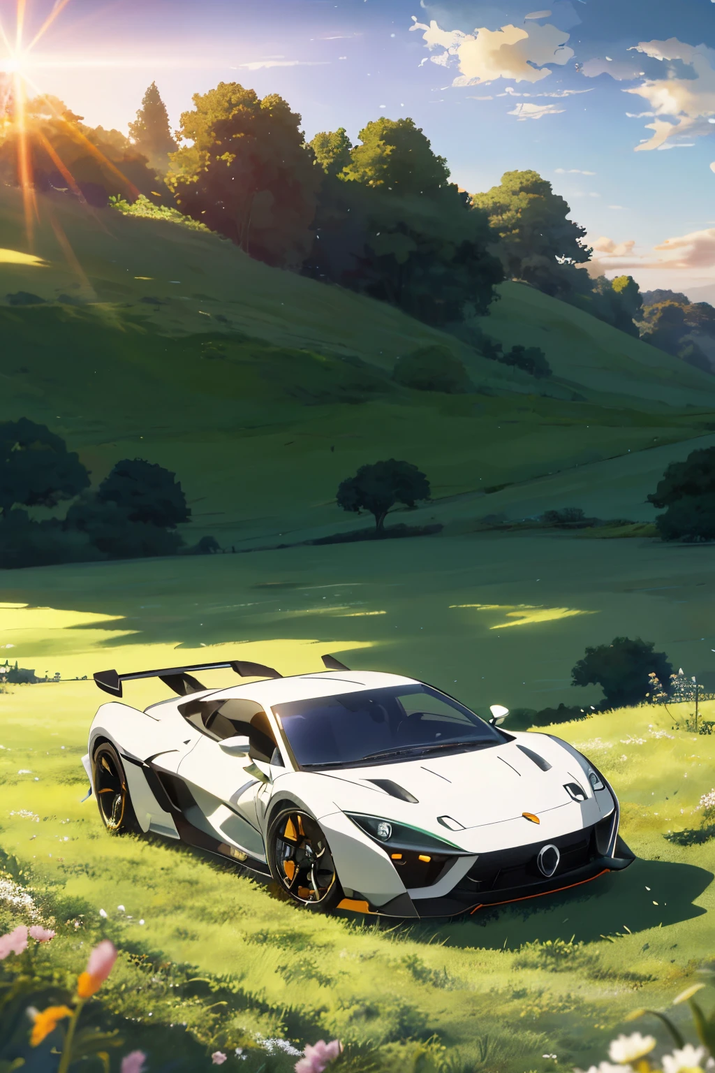This breathtaking anime scene captures the serene beauty of a pearl-white hyper wedge shape concept car, meticulously designed with exquisite detail, nestled in a field of tall, swaying grass. As the sun dips below the horizon, painting the sky with hues of pink, orange, and gold, the car casts a warm glow that contrasts beautifully with the surrounding green. This beautiful anime peace scene, inspired by the talents of renowned artists such as Makoto Shinkai and Cyril Rolando, would make an amazing wallpaper, showcasing its 8K resolution and artistic anime background in all its glory, transforming any digital space into an anime art wallpaper 4