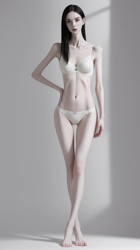 a very thin woman with visible bones, pale white skin, sweaty body,wearing panties and bra, full body view, tatto