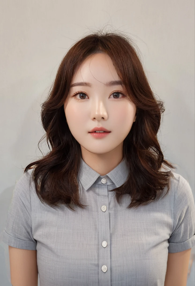Best Quality, 8k, Masterpiece, (Portrait: 1.3), (photo realistic:1.4), (hyper realistic:1.4), Sharp Focus, looking at viewer, (smoother lighting:1.1), (increase cinematic lighting quality:0.9), realistic lighting, backlighting, light on face, ray trace, (brightening light:1.2), (Increase quality:1.4), sharp detail, (best quality real texture skin:1.4), finely detailed eyes, black_eyes, finely detailed face, 25 year old Korean woman, (gray formal_shirt:1.4), (Create an image maintaining the original base model hairstyle:1.5)