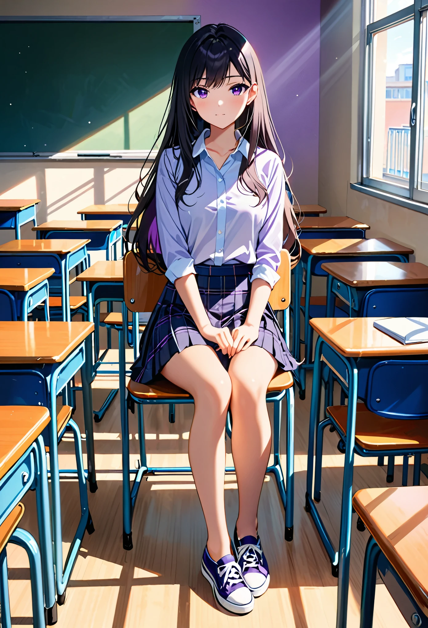 masterpiece, best quality, highres, 1girl, solo, high , skirt, bare legs, matching shoes, looking at viewer, empty classroom, soft lighting, black hair, purple eyes, medium , long hair, sitting in a chair, full body, hair down, cool
