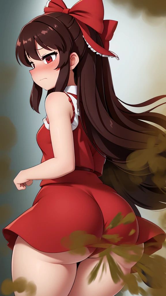 girl in red dress, big red bow on the back of head, long brown hair, black eyes, reimu, touhou, fart, farting