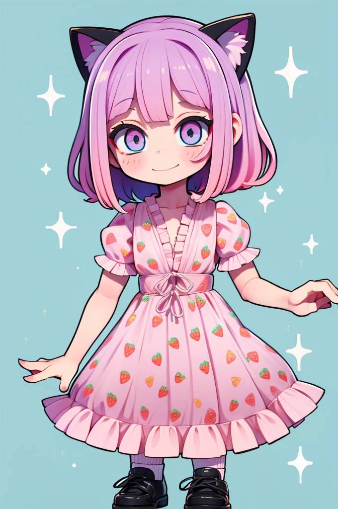 1 girl, chibi, tiny, toddler, pink hair, purple hairclips, cat ears, light skin, blue eyes, sparkle in eyes, purple pacifier, wearing light blue strawberry pattern dress, black flat shoes, white ruffle socks, colorful bead bracelets, smiling