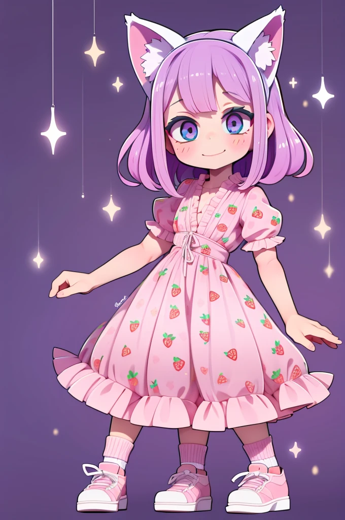 1 girl, chibi, tiny, toddler, pink hair, purple hairclips, cat ears, light skin, blue eyes, sparkle in eyes, purple pacifier, wearing light blue strawberry pattern dress, black flat shoes, white ruffle socks, colorful bead bracelets, smiling