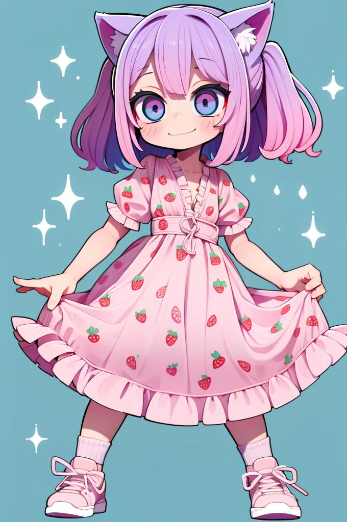 1 girl, chibi, tiny, toddler, pink hair, purple hairclips, cat ears, light skin, blue eyes, sparkle in eyes, purple pacifier, wearing light blue strawberry pattern dress, black flat shoes, white ruffle socks, colorful bead bracelets, smiling