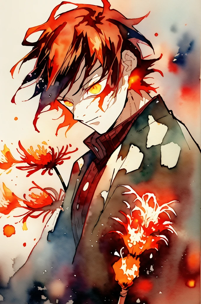 (watercolor:1.2),1man, solo, ((demon slayer)), rust colored hair, short hair, mullet, shaggy hair, hashira, ((fiery haori)), field of spider lilies, orange eyes, mature, powerful, confident stature, flame hashira, slayer mark, explosive aura