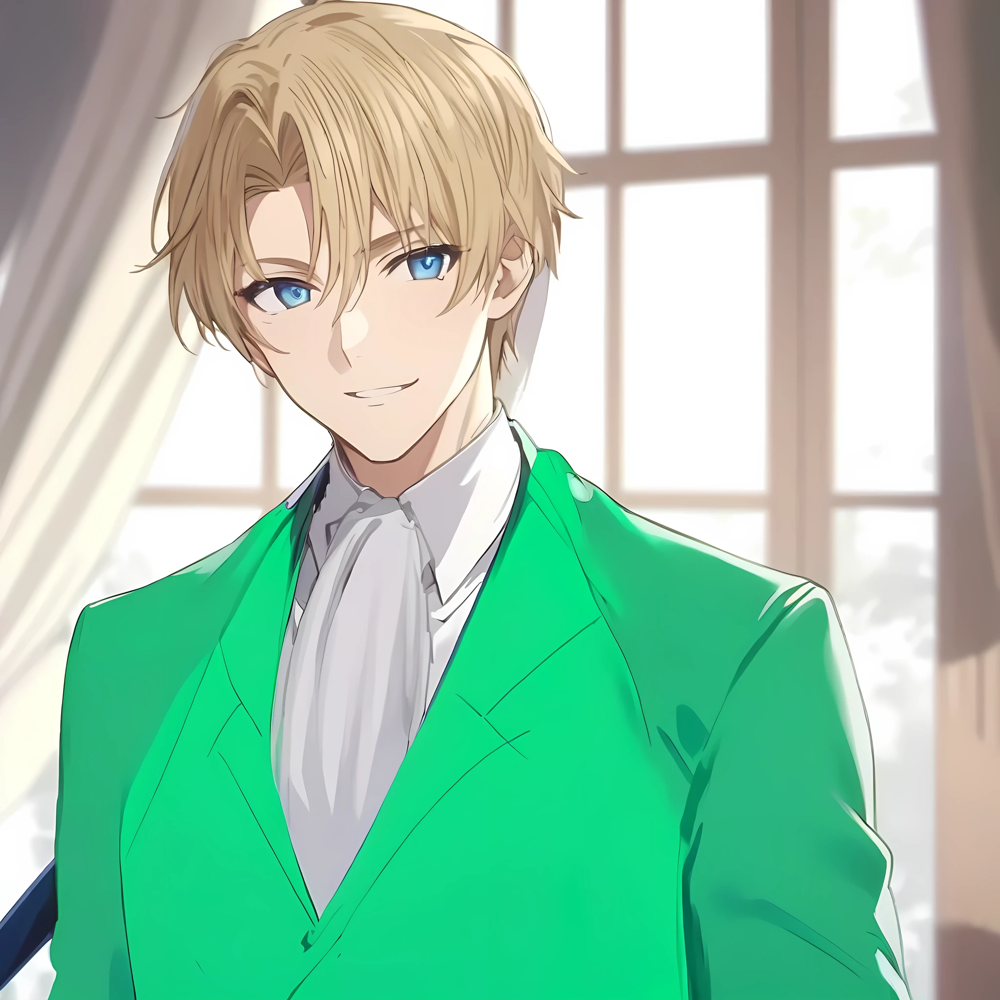 (Anime illustration), ((masterpiece)), ((Highest quality)), ((1boy)), ((Blonde aristocrat male)), (Anime image of an adult man in a green suit), Beautifully detailed clothing, ((A man with beautiful, narrow blue eyes)), careerist, 31 years old, ((Fearless smile)), eyes aren't smiling, ((White Cravat)), Aristocratic appearance, Duke, ((Super detailed))