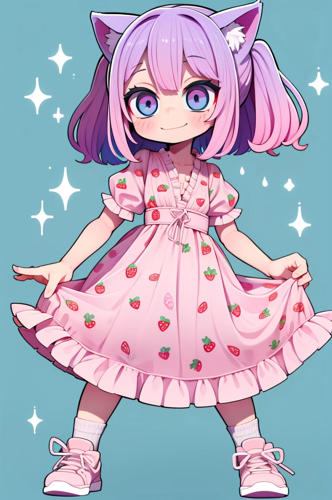 1 girl, chibi, tiny, toddler, pink hair, purple hairclips, cat ears, light skin, blue eyes, sparkle in eyes, purple pacifier, wearing light blue strawberry pattern dress, black flat shoes, white ruffle socks, colorful bead bracelets, smiling